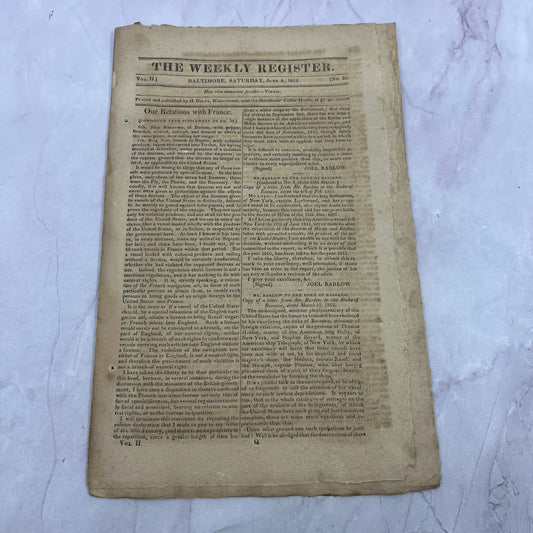 Baltimore Weekly Register May 1812 Supplement to #39 Relations With France AF9-9