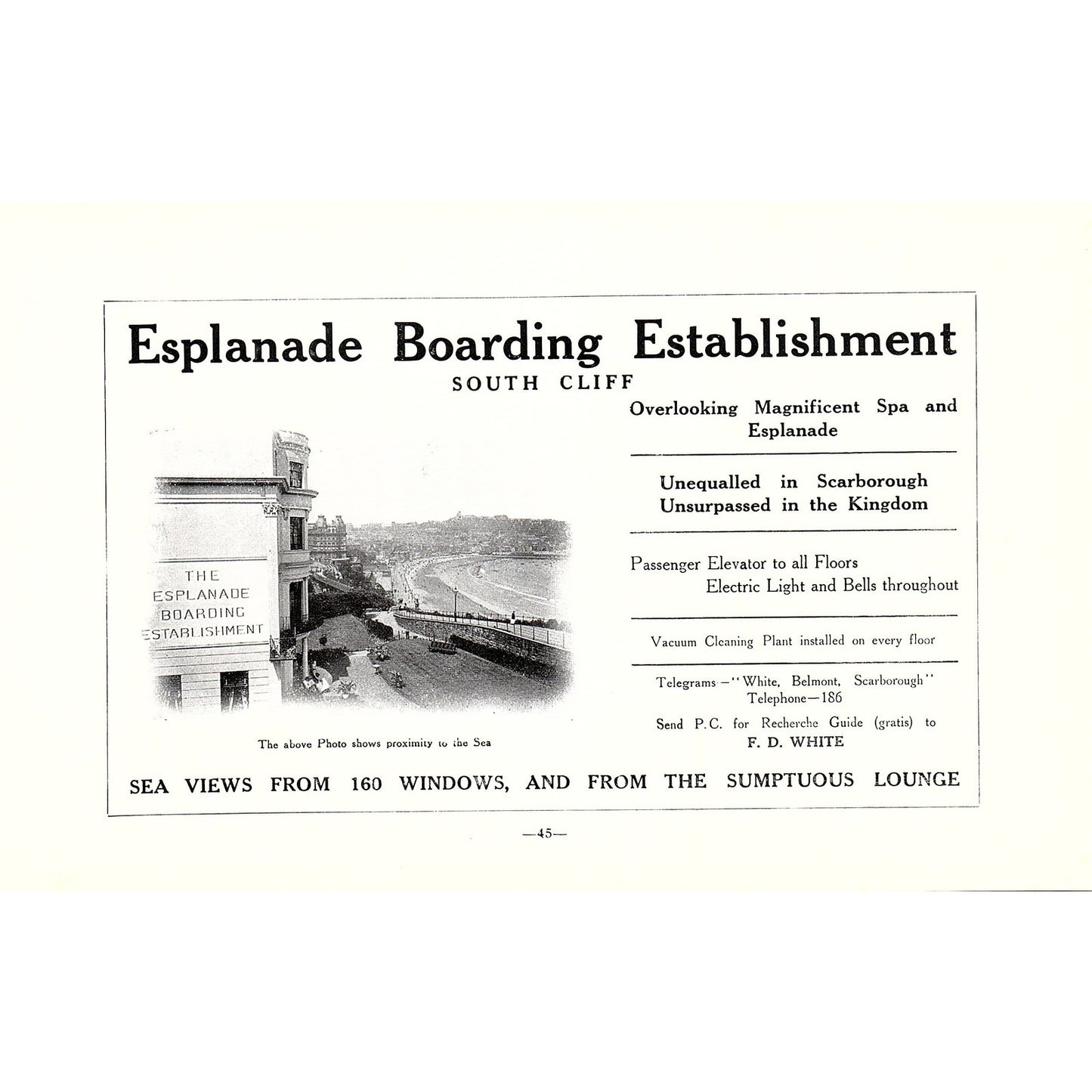 Esplanade Boarding Establishment South Cliff, The Spa Scarborough c1910 Ad AF3-9