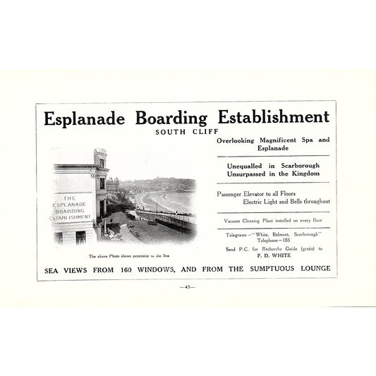 Esplanade Boarding Establishment South Cliff, The Spa Scarborough c1910 Ad AF3-9