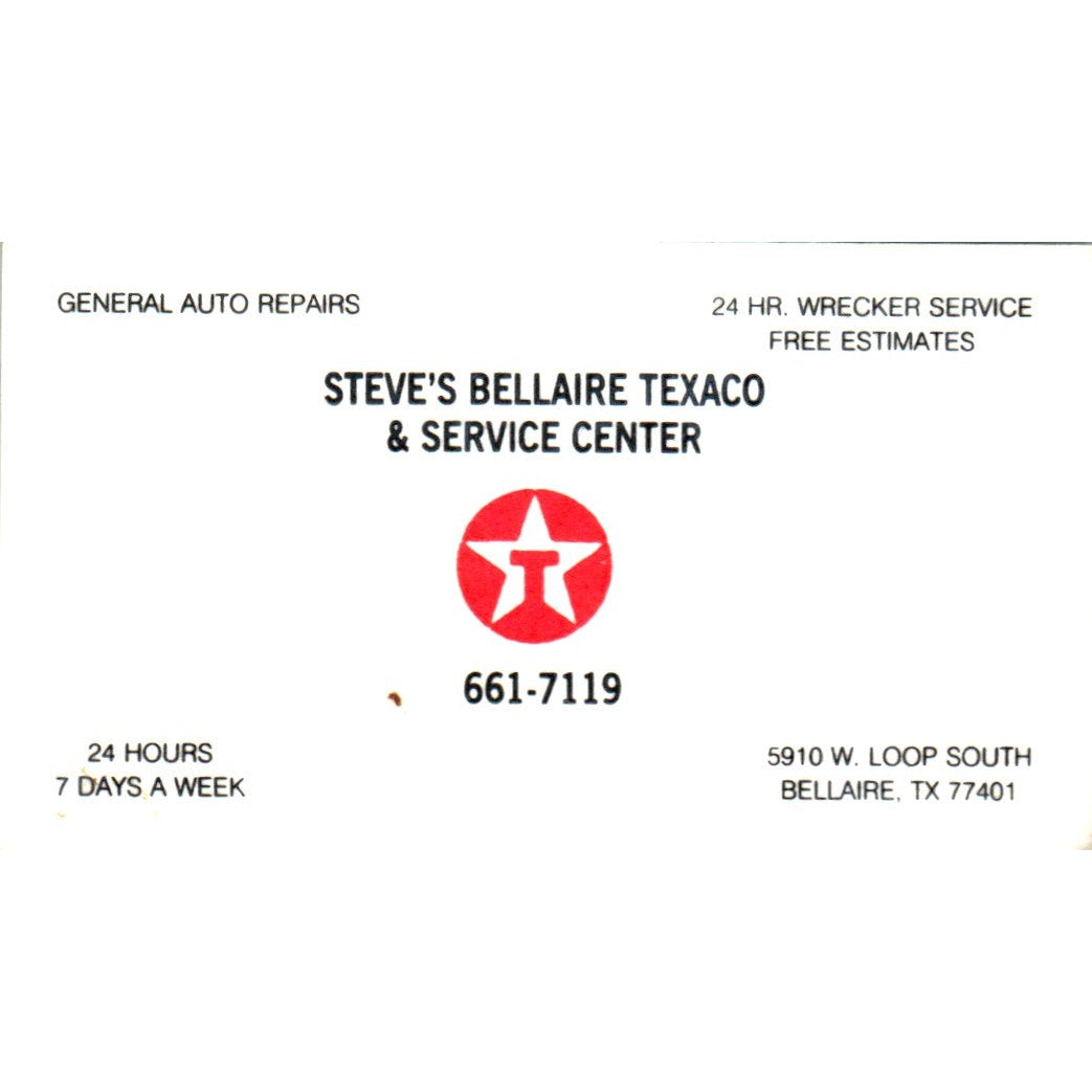 Steve's Bellaire Texaco & Service Center Bellaire TX Vtg Business Card SD8-B21