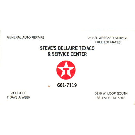 Steve's Bellaire Texaco & Service Center Bellaire TX Vtg Business Card SD8-B21
