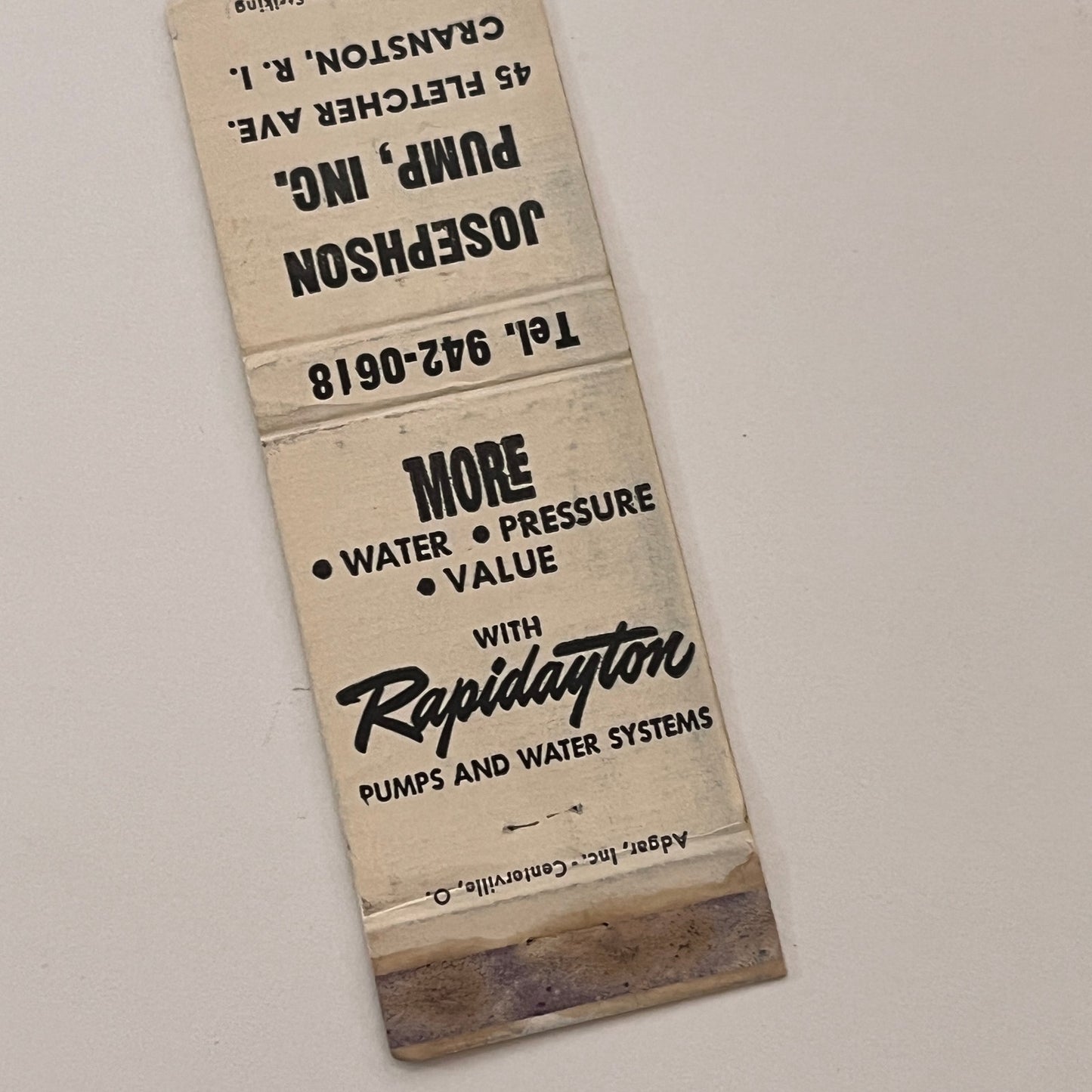 Johnson Pump Inc Cranston RI Vintage Matchbook Cover MB59-3