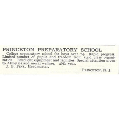 Princeton Preparatory School J.B. Fine NJ c1918 Original Advertisement AE5-SA11