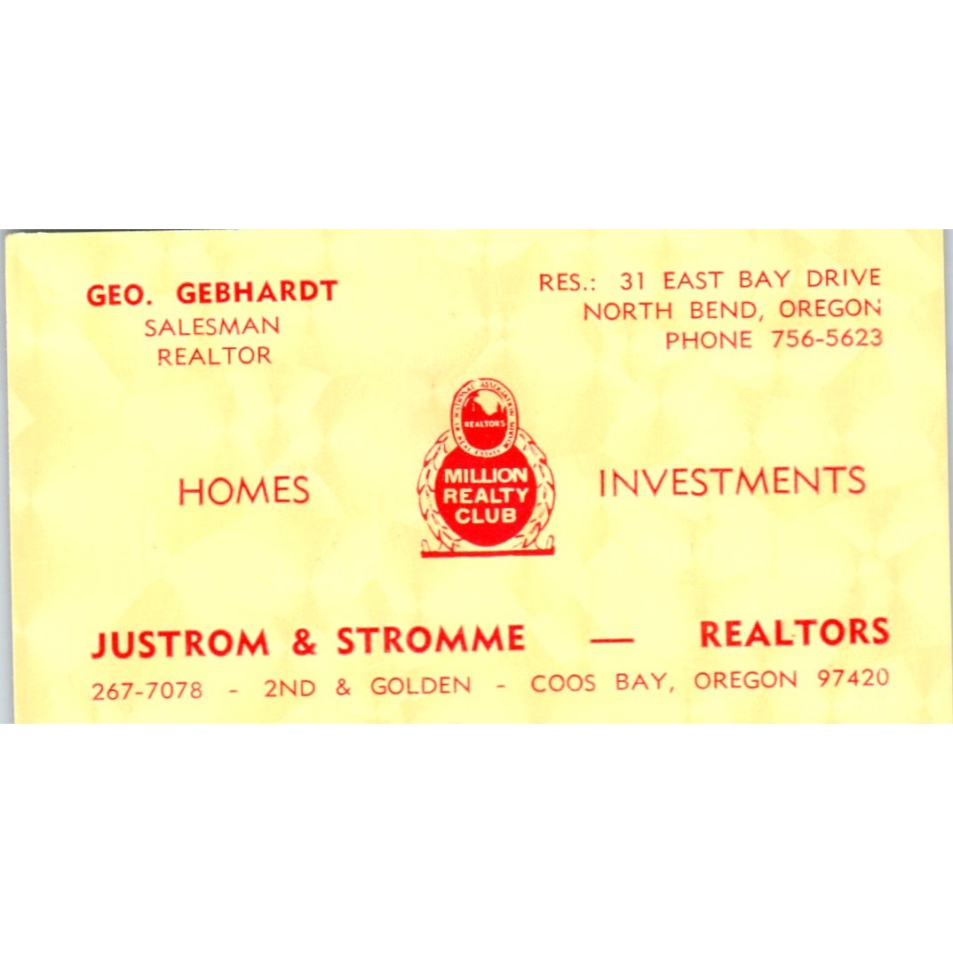 Geo Gebhardt Justrom & Stromme Realtors Coos Bay OR Vintage Business Card SD8-B2