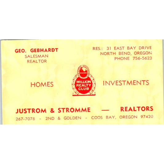 Geo Gebhardt Justrom & Stromme Realtors Coos Bay OR Vintage Business Card SD8-B2