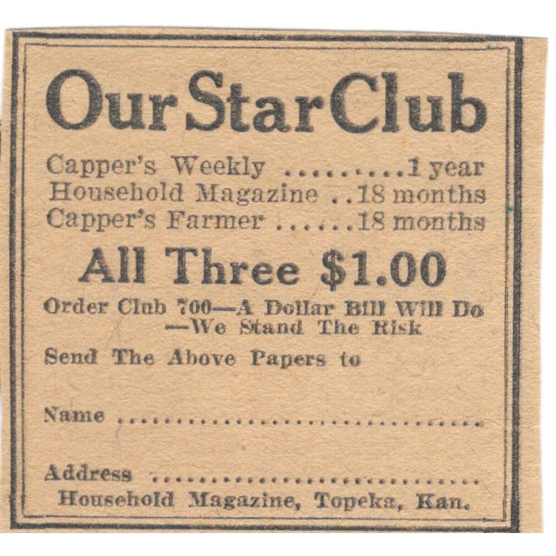 Household Magazine Our Star Club Topeka KS 1923 Magazine Ad Clip AE1-7