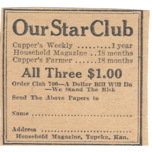 Household Magazine Our Star Club Topeka KS 1923 Magazine Ad Clip AE1-7