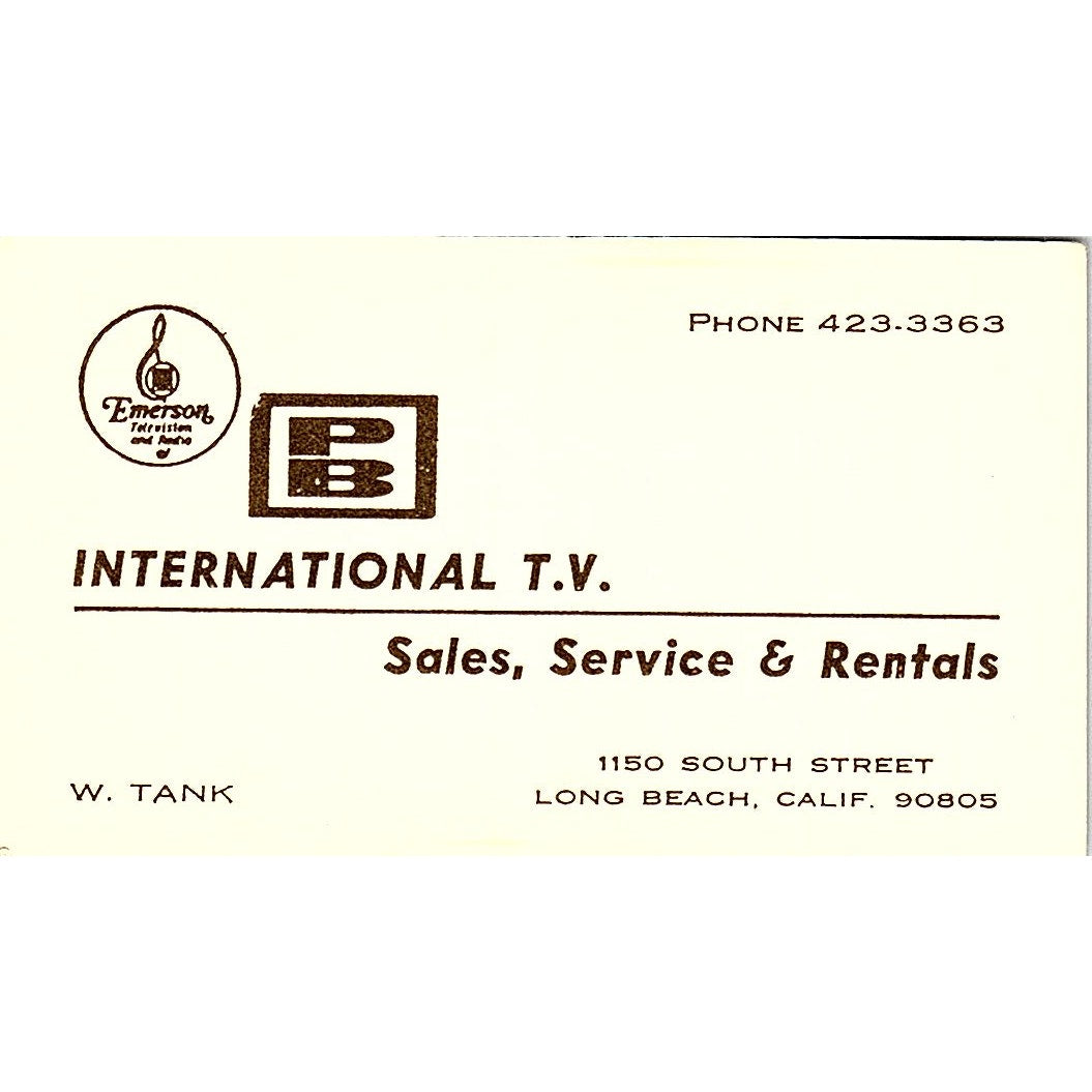 PB International T.V. W. Tank Long Beach CA Vintage Business Card SSB4-B13