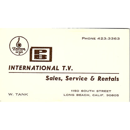 PB International T.V. W. Tank Long Beach CA Vintage Business Card SSB4-B13