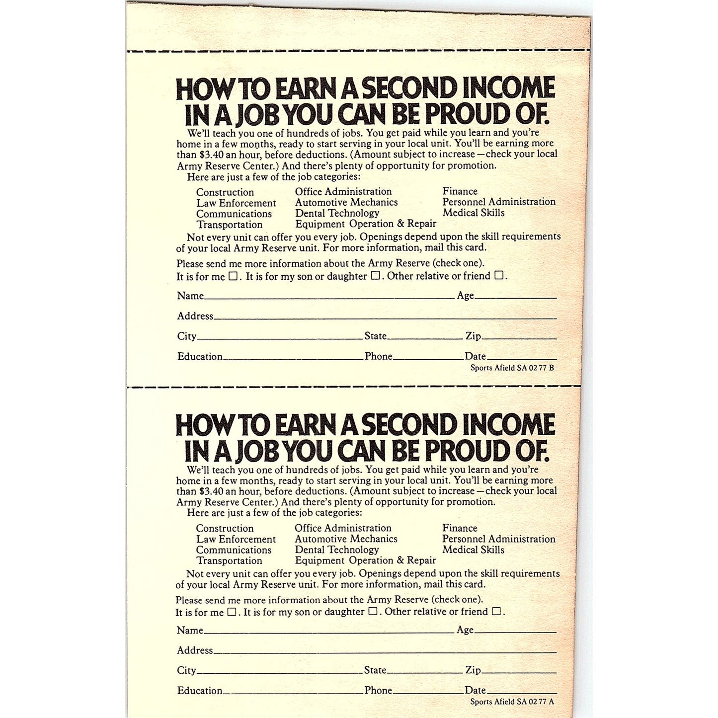 Army Reserve Recruiting Postal Mailing Card 1977 Ad AF6-5