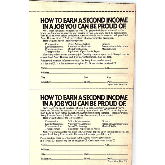 Army Reserve Recruiting Postal Mailing Card 1977 Ad AF6-5