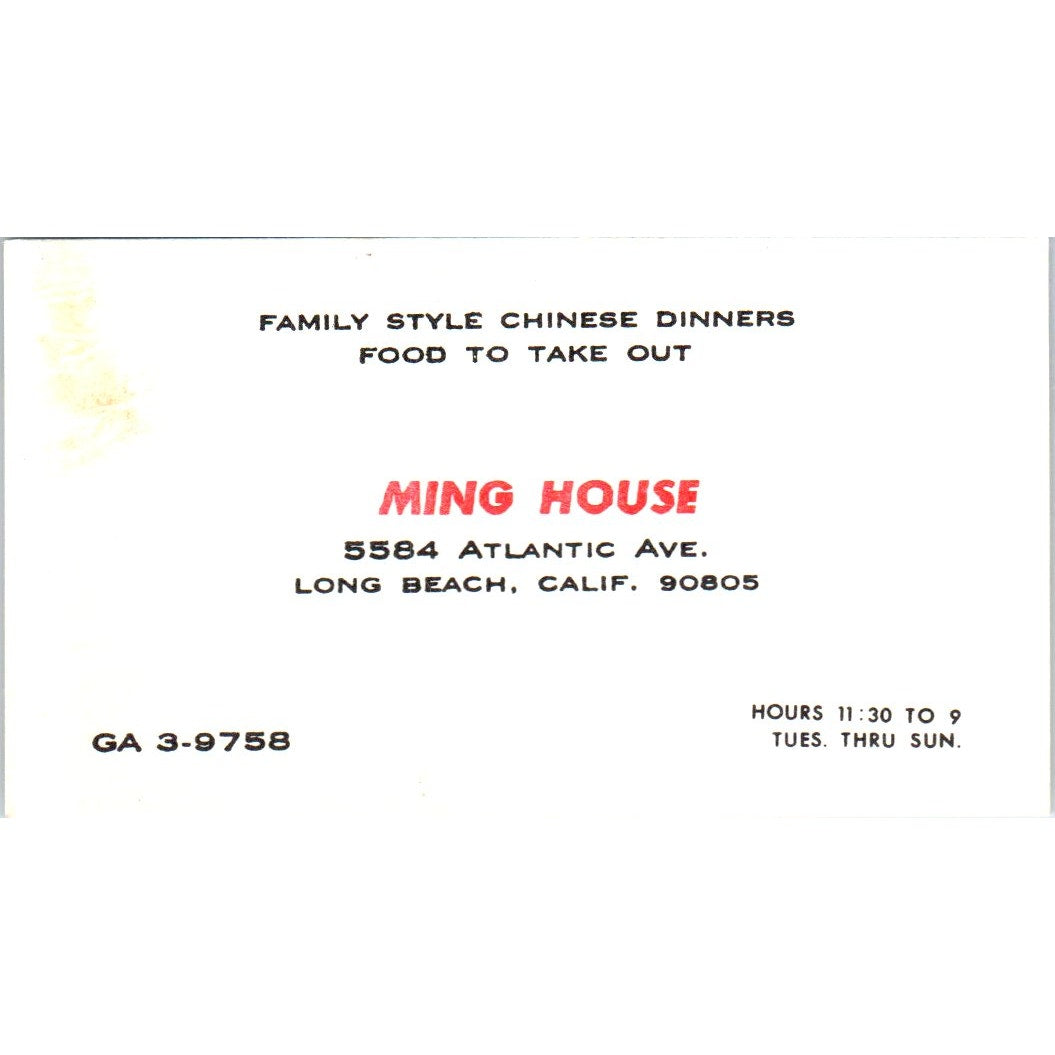 Ming House Chinese Restaurant Long Beach CA Vintage Business Card SE3-B6