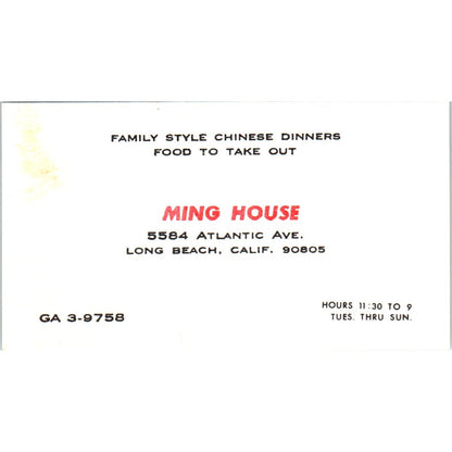 Ming House Chinese Restaurant Long Beach CA Vintage Business Card SE3-B6
