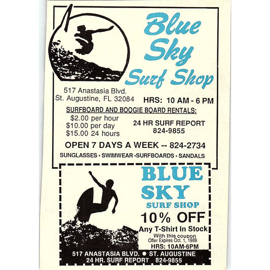 Blue Sky Surf Shop St. Augustine FL 1989 Ad AF9-13