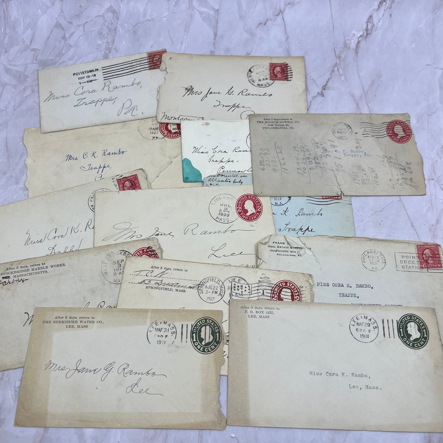 1909-20s Huge Lot Cora K. Rambo Lee MA Postal Cover Envelopes L4-4-2