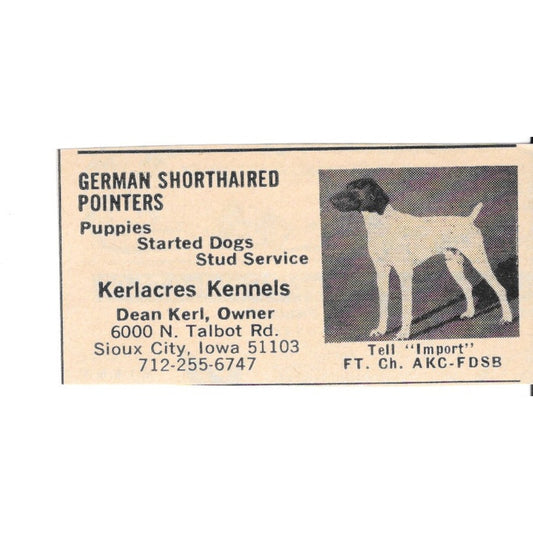 Dean Kerl Kerlacres Kennels German Pointers Sioux City IA 1977 Ad AF6-S1