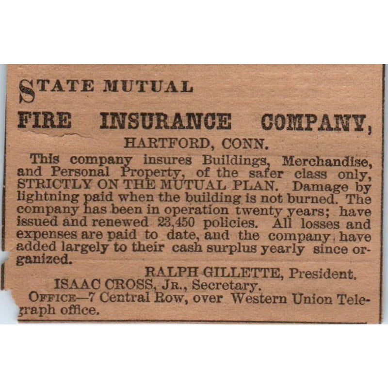 State Mutual Fire Ins Co Ralph Gillette Hartford 1886 Newspaper Ad AF7-E5