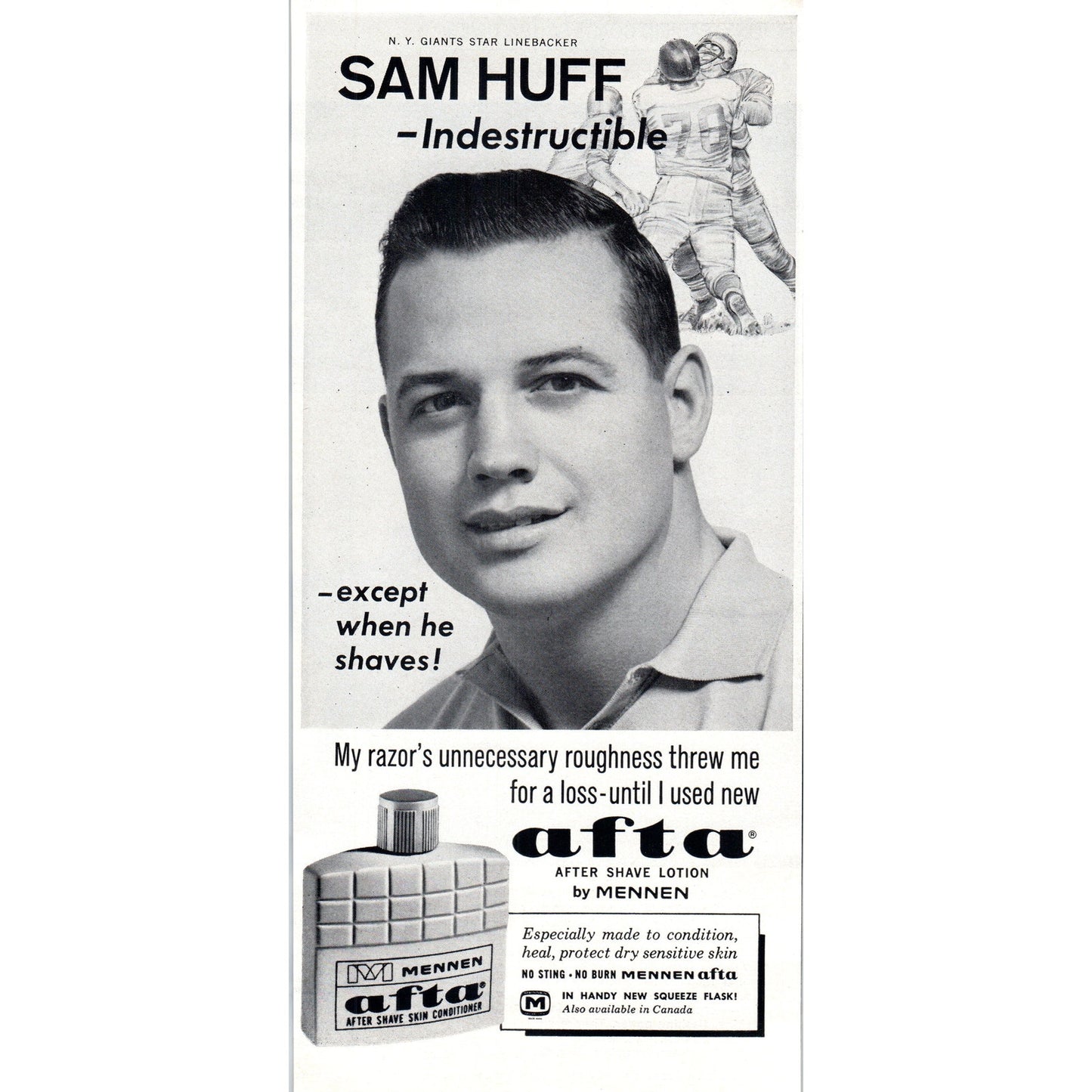 Vintage Mennen Afta Sam Huff Giants NFL Football Magazine Ad 5x10" D24