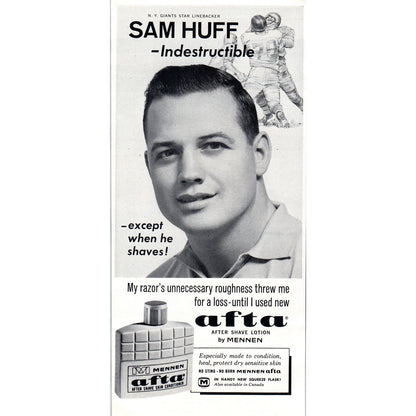 Vintage Mennen Afta Sam Huff Giants NFL Football Magazine Ad 5x10" D24