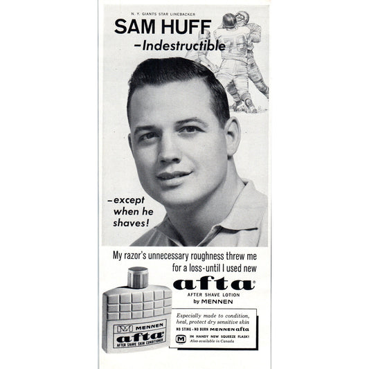 Vintage Mennen Afta Sam Huff Giants NFL Football Magazine Ad 5x10" D24