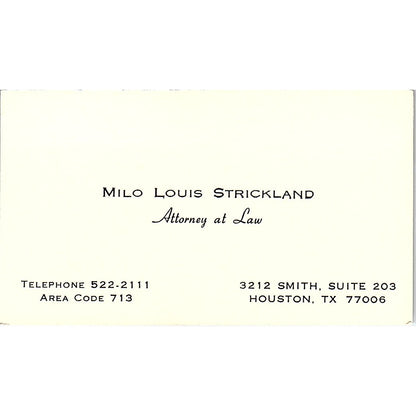 Milo Louis Strickland Attorney Houston Vintage Business Card SE3-B12