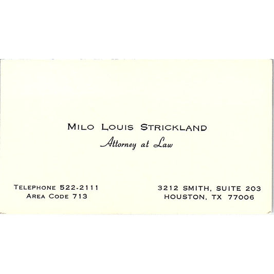 Milo Louis Strickland Attorney Houston Vintage Business Card SE3-B12