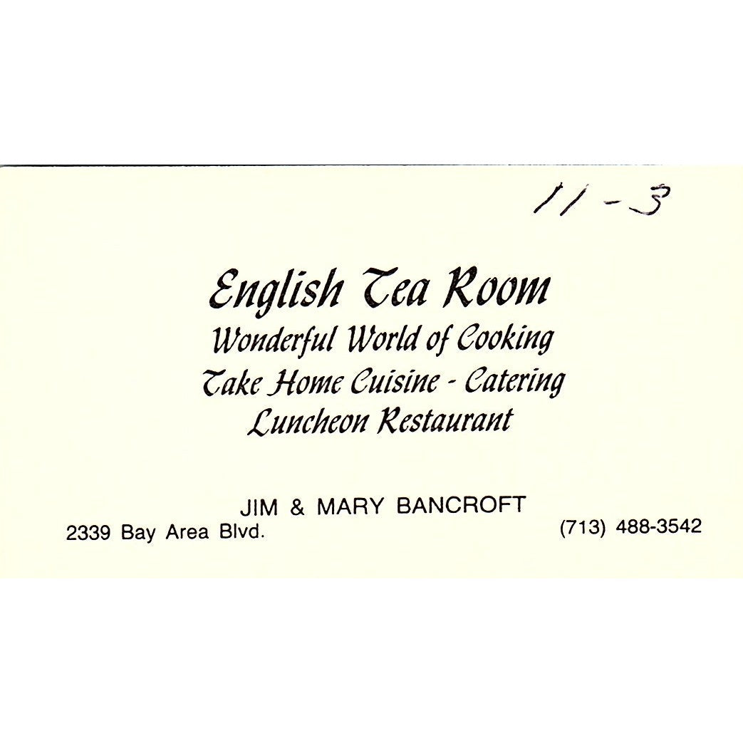English Tea Room Jim & Mary Bancroft Houston Vintage Business Card SC9-B6