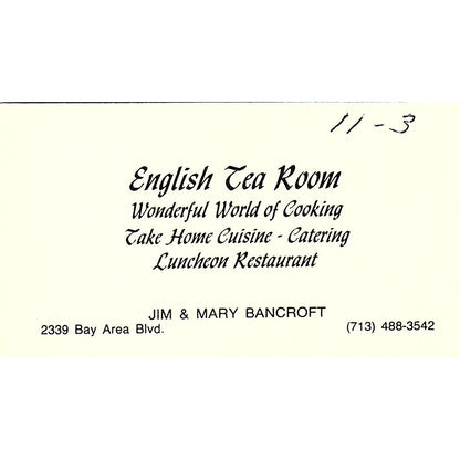 English Tea Room Jim & Mary Bancroft Houston Vintage Business Card SC9-B6