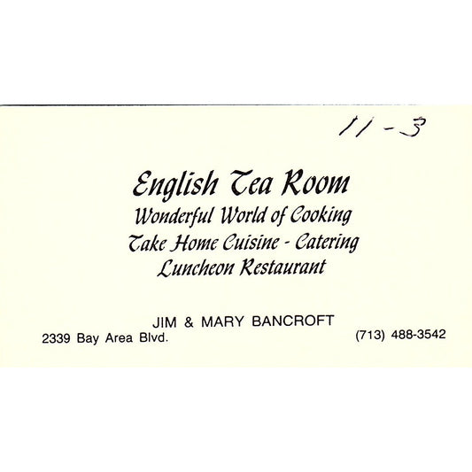 English Tea Room Jim & Mary Bancroft Houston Vintage Business Card SC9-B6