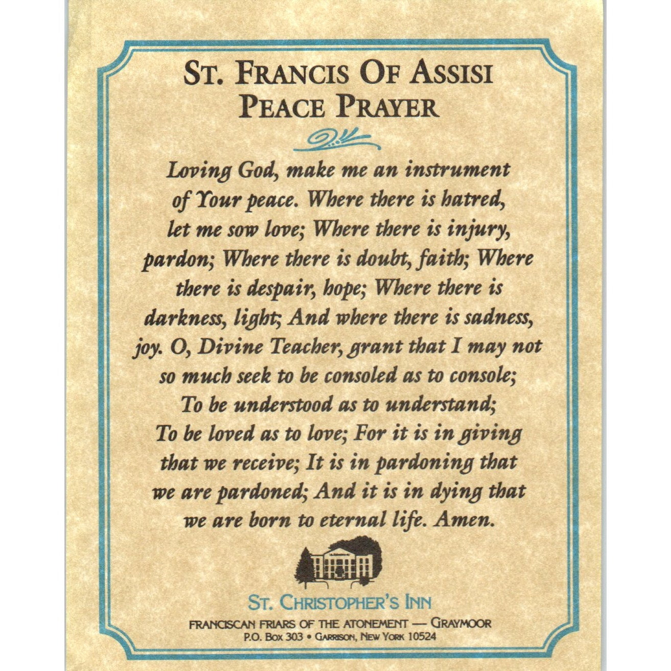Peace Prayer St. Christopher's Inn Graymoor Vintage Catholic Prayer Card TH2-PC1