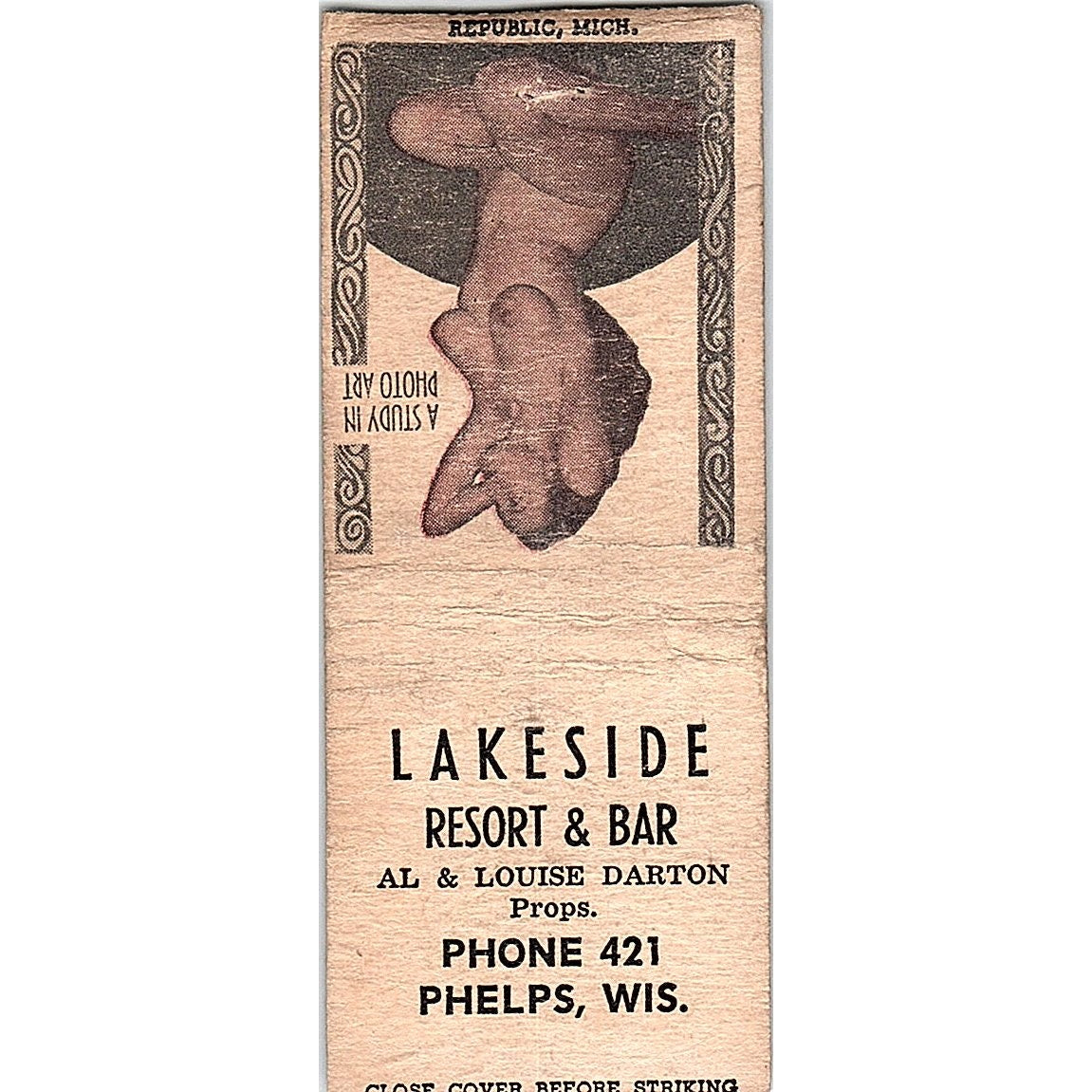 Lakeside Resort & Bar Al & Louise Darton Phelps WI Pinup Matchbook Cover SC7-Y4