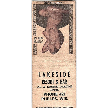 Lakeside Resort & Bar Al & Louise Darton Phelps WI Pinup Matchbook Cover SC7-Y4