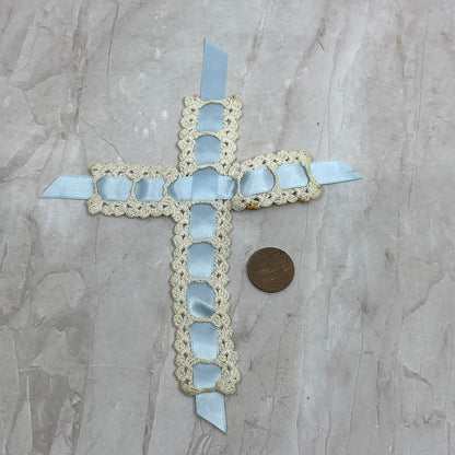 Vintage/Antique Blue Satin Ribbon and Cream Thread Bible Bookmark TG8-VV