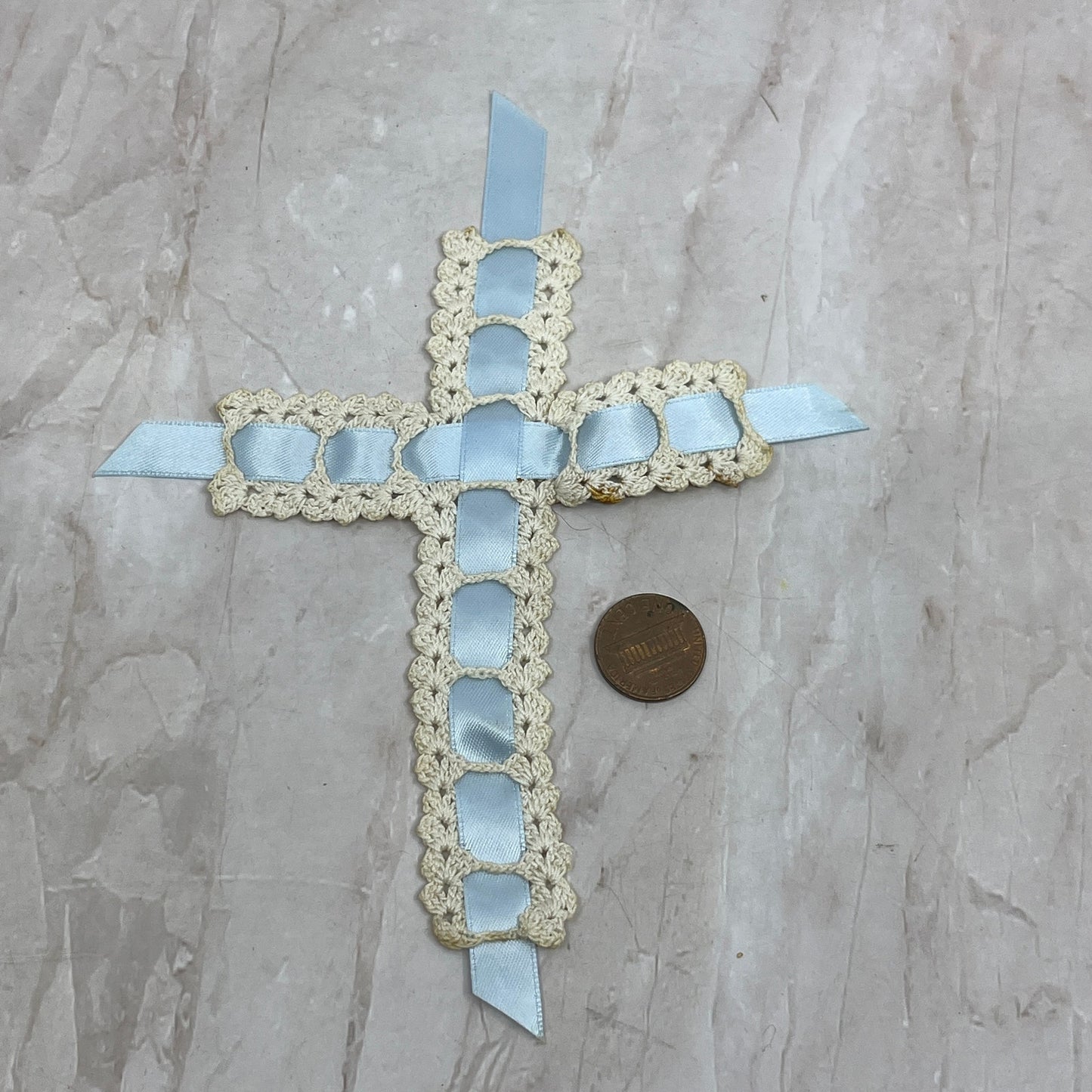 Vintage/Antique Blue Satin Ribbon and Cream Thread Bible Bookmark AK7-2