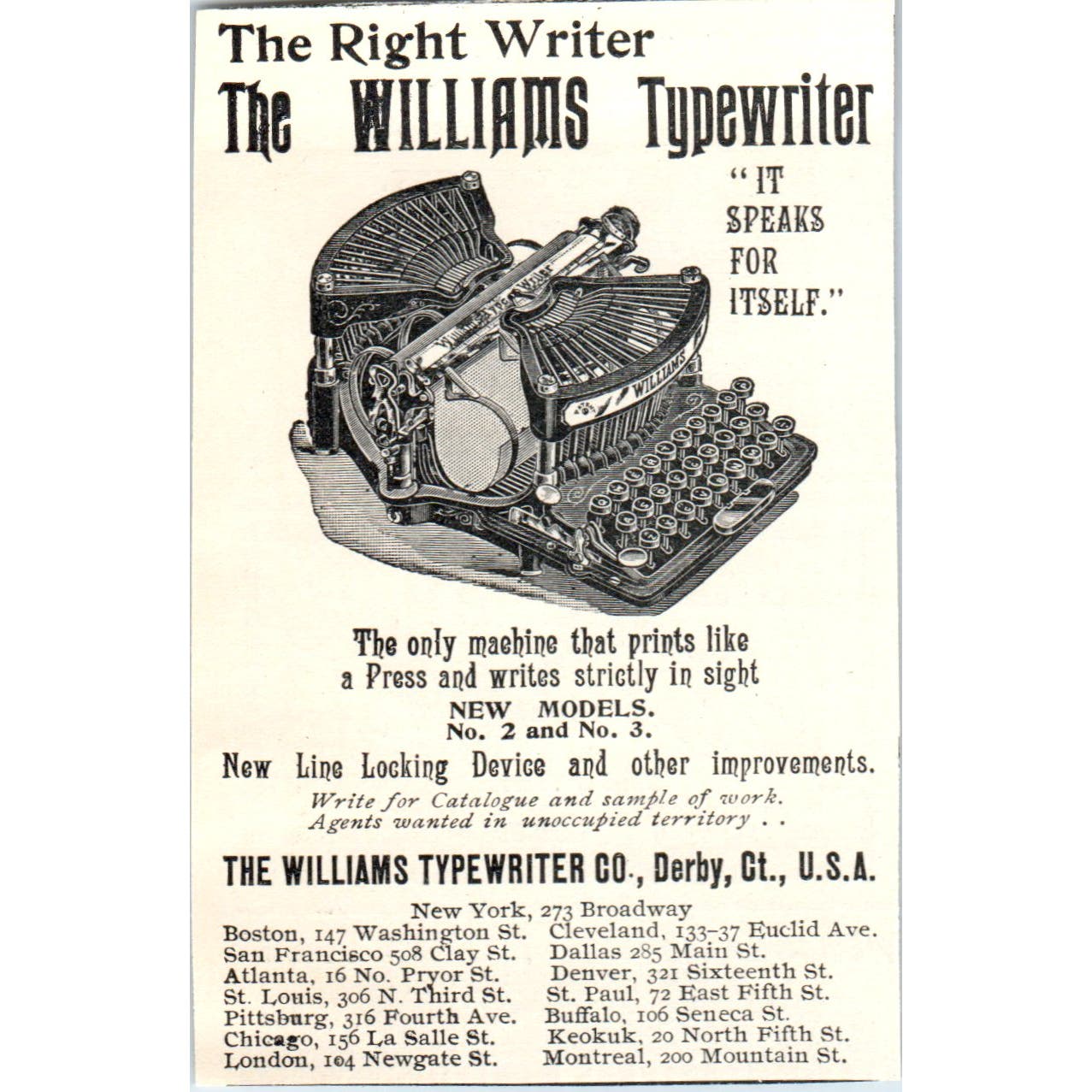 The Williams Typewriter Co Derby CT 1897 Victorian Ad AE9-TS10