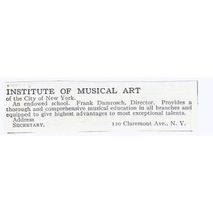 Institute of Musical Art Frank Damrosch NY c1918 Original Advertisement AE5-SA7