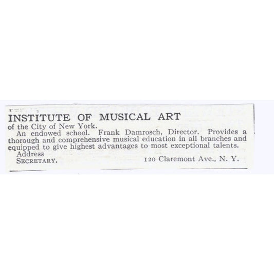 Institute of Musical Art Frank Damrosch NY c1918 Original Advertisement AE5-SA7