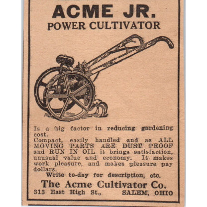 Acme Cultivator Co Salem OH Acme Jr. Power Cultivator 1922 Magazine Ad AF2-S8