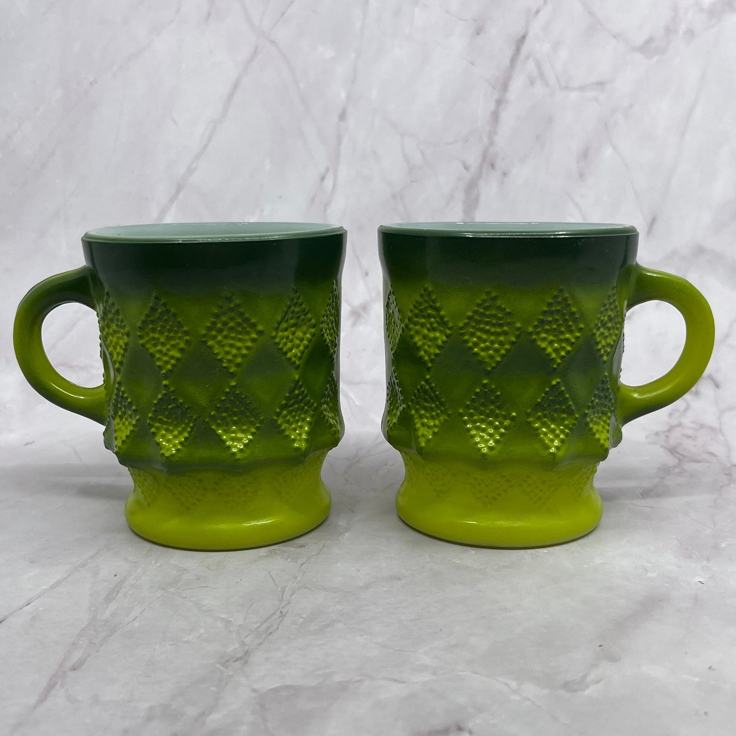 Set of 2 Retro Fire King Ombre Green Kimberly Diamond Milk Glass Mugs Cups TC5