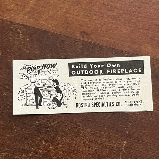 DIY Outdoor Fireplace - Rostro Specialties Co Coldwater MI 1955 Ad AG1-S1
