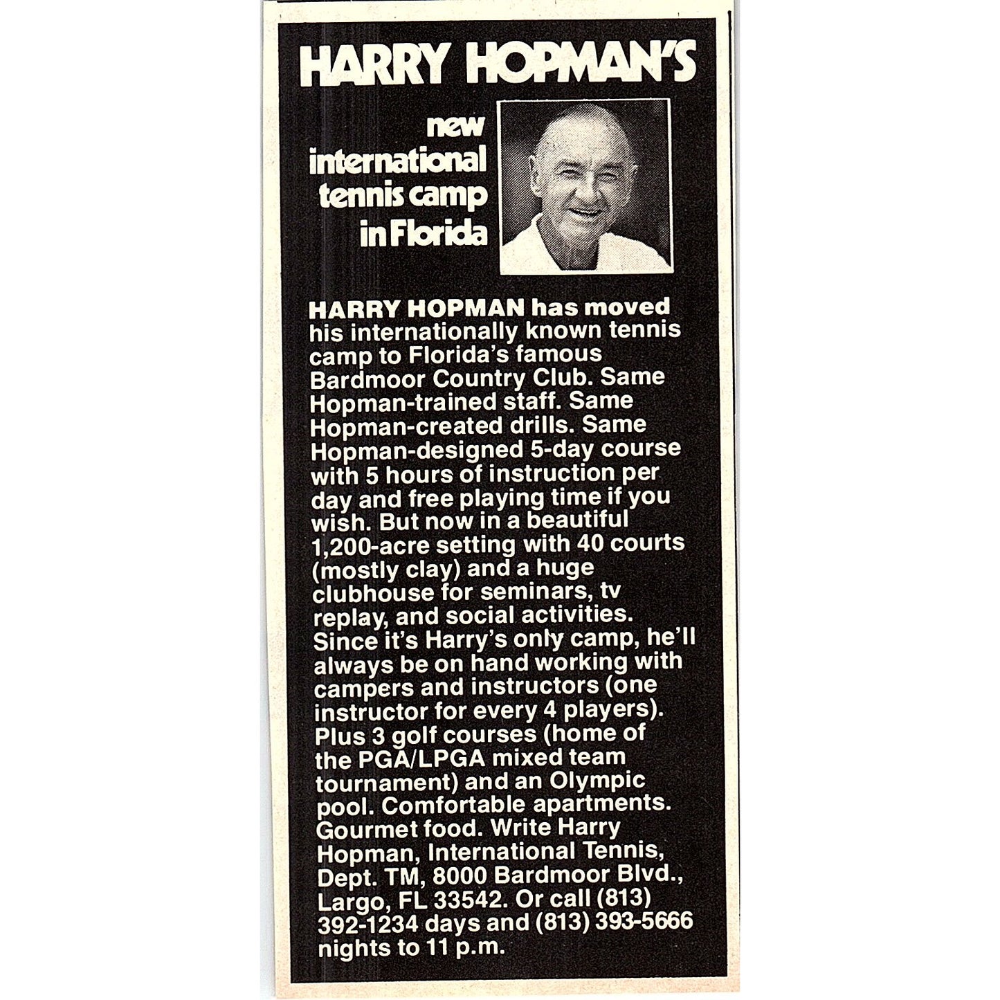 Harry Hopman's International Tennis Camp Bardmoor Country Club FL 1977 Ad AF3-Q2