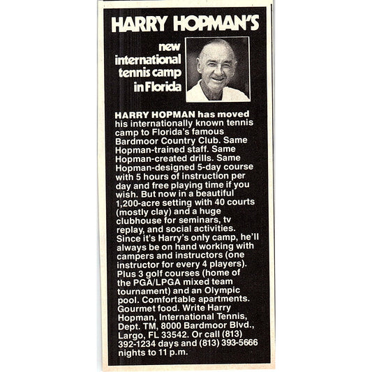 Harry Hopman's International Tennis Camp Bardmoor Country Club FL 1977 Ad AF3-Q2