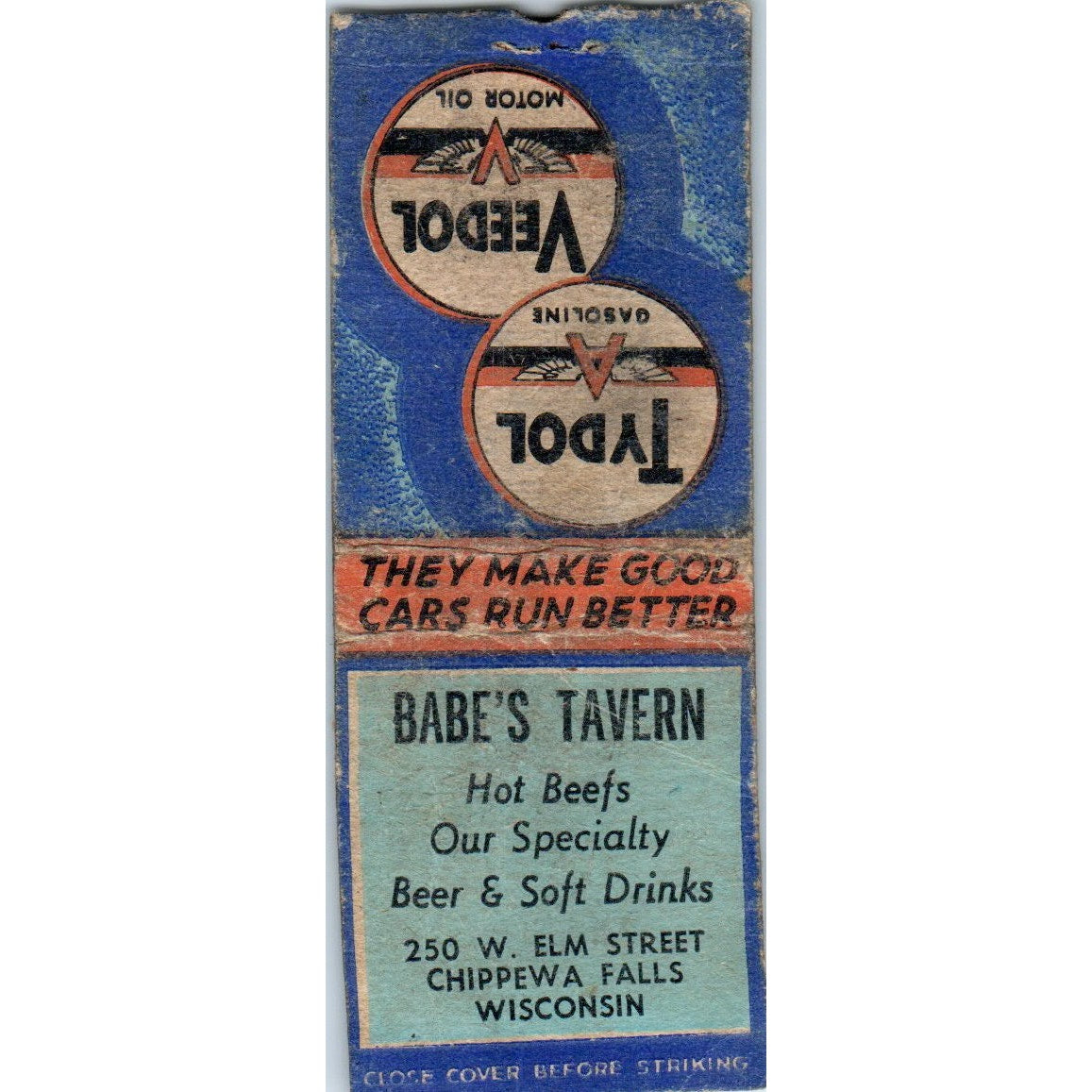 Babe's Tavern Chippewa Falls WI Tydol Deep Rock Vintage Matchbook Cover SD2-Y14