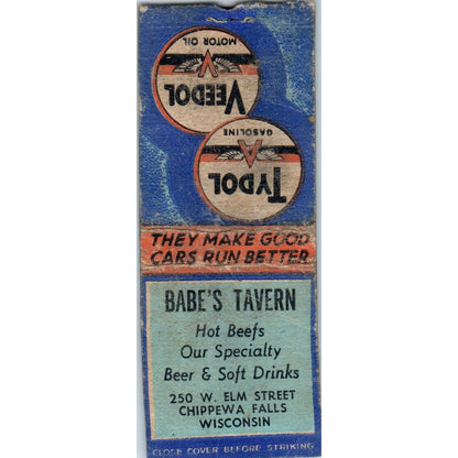 Babe's Tavern Chippewa Falls WI Tydol Deep Rock Vintage Matchbook Cover SD2-Y14
