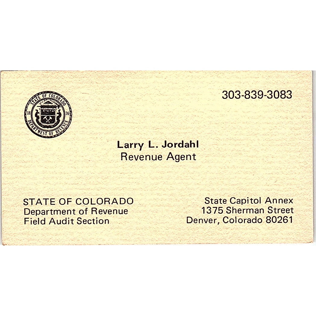 Larry L. Jordahl  Department of Revenue Denver Colorado Business Card SF3-B3