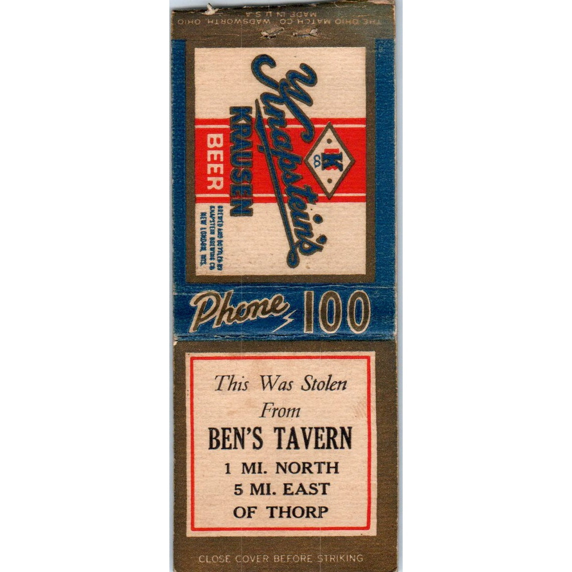 Ben's Tavern Thorp WI Knapstein's Krausen Vintage Matchbook Cover SD4-Y2
