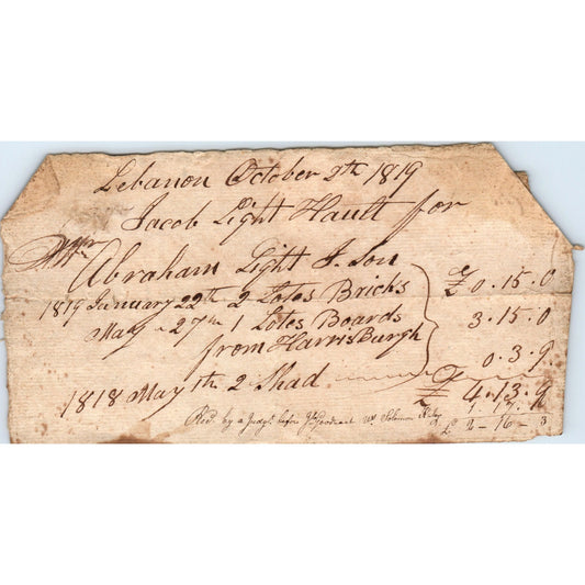 1819 Original Handwritten Lebanon PA Abraham Light & Son Receipt D18