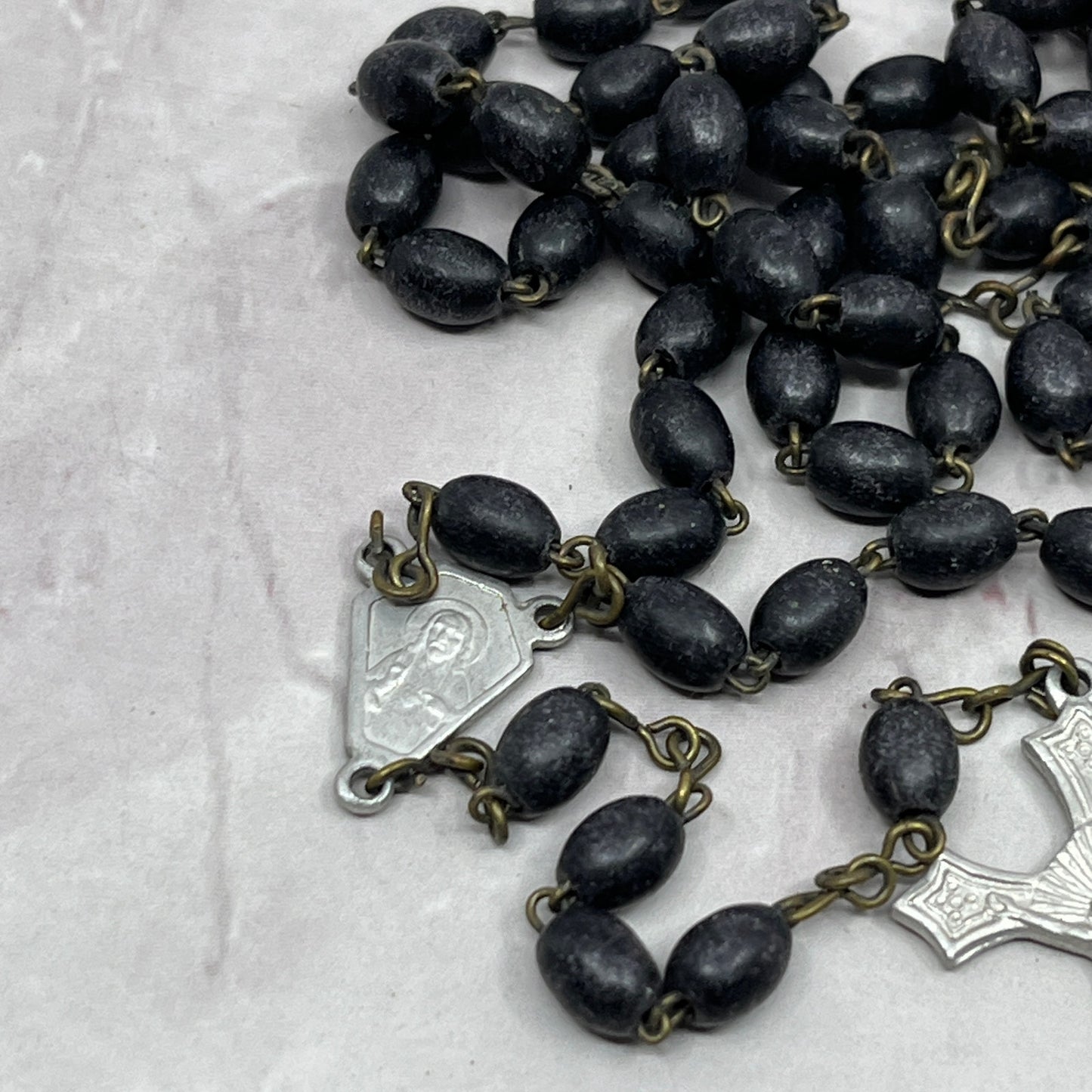 Vintage Black Wood Catholic Rosary Scapular Italy Marian Prayer Beads SE2-2