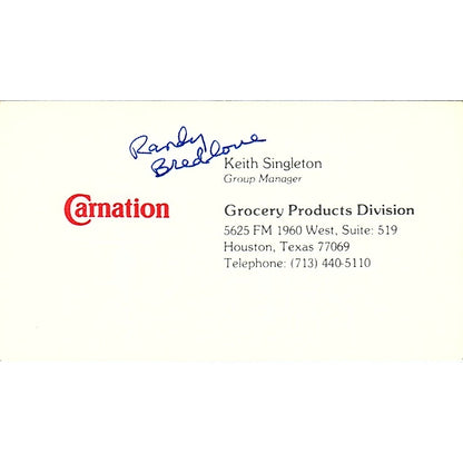 Keith Singleton Carnation Grocery Products Houston Vintage Business Card SD9-B6