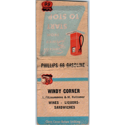Windy Corner Phillips 66 L. Fitzsimmons & M. Hattamer Vintage Matchbook SD4-Y16